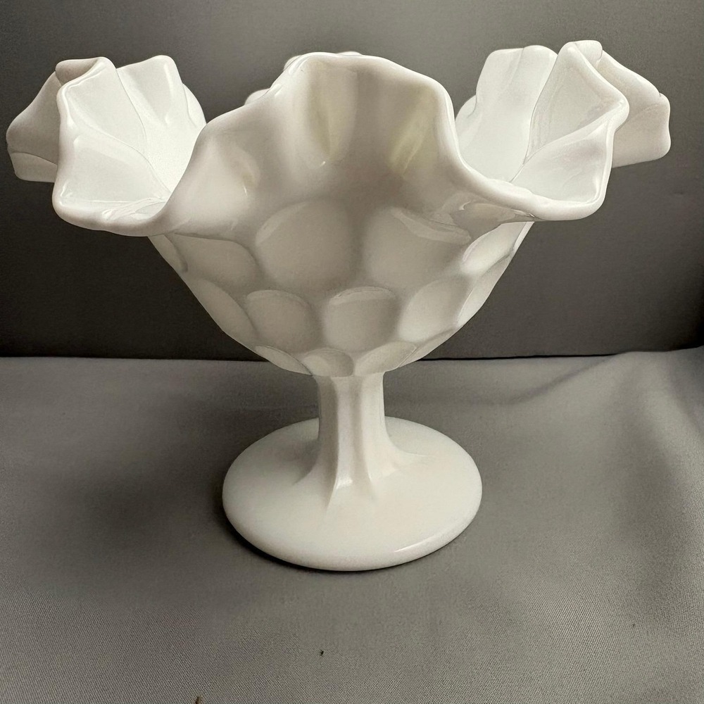 Fenton White Milk Glass Thumbprint Compote Pedestal Bowl Ruffled Edge Vintage 5" - Picture 3 of 8